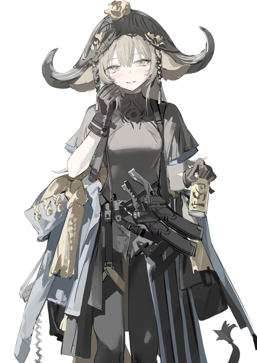 1girl absurdres animal_ears arknights belt black_belt black_pantyhose blush breasts brown_hair buckle can clothes_around_waist commentary cow_ears cow_girl cow_horns cow_tail double-parted_bangs english_commentary feet_out_of_frame flower flower_on_head gloves green_eyes grey_gloves grey_shirt highres holding holding_can horns jacket jacket_around_waist knife_sheath layered_shirt long_hair looking_at_viewer luozhou_pile medium_breasts official_alternate_costume pallas_(a_drip_of_orea_and_potamous)_(arknights) pallas_(arknights) pantyhose pantyhose_under_shorts parted_lips sheath shirt short_sleeves shorts simple_background smile snap-fit_buckle solo standing tail veil white_background white_shorts