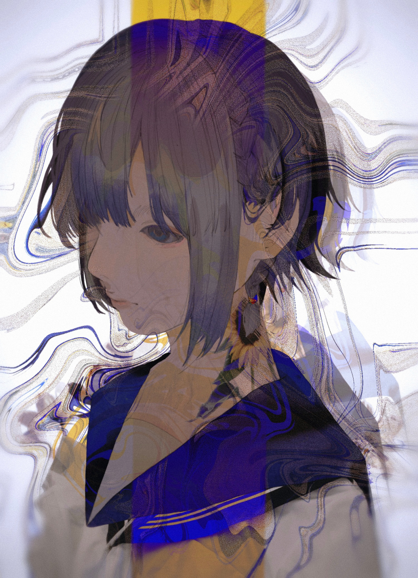 1girl black_hair blue_eyes blue_sailor_collar closed_mouth commentary english_commentary flower highres mikasamu original sailor_collar school_uniform serafuku short_hair solo sunflower