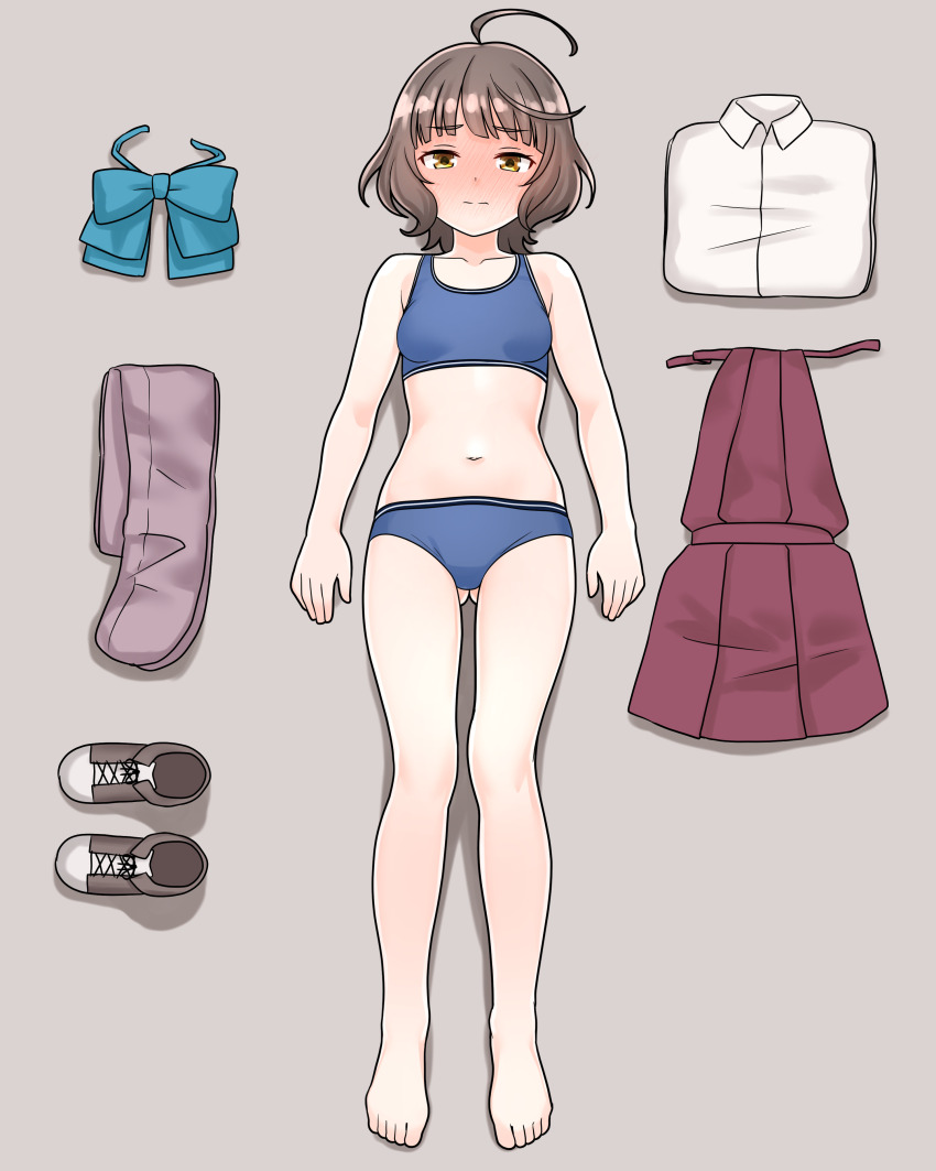 1girl absurdres ahoge aqua_bow aqua_bowtie blue_panties blue_sports_bra blunt_bangs bow bowtie collared_shirt commentary_request commission cowboy_shot dress full_body furaggu_(frag_0416) highres kantai_collection kishinami_(kancolle) lying navel on_back panties pantyhose pinafore_dress pixiv_commission purple_pantyhose red_dress shirt shoes short_hair simple_background sleeveless sleeveless_dress solo sports_bra standing stomach thighs underwear unworn_dress unworn_pantyhose unworn_shirt unworn_shoes variant_set white_background white_shirt yellow_eyes
