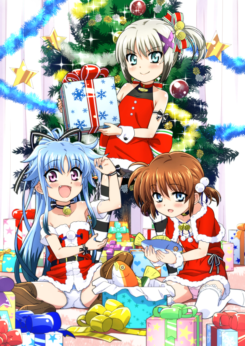 3girls :d absurdres alternate_hairstyle aqua_eyes arm_ribbon armband back_bow bare_shoulders bell black_choker black_hair black_ribbon black_thighhighs blue_eyes blue_hair blue_panties blush bow brown_hair capelet choker christmas christmas_ornaments christmas_tree closed_mouth commentary_request crotch_seam dress fang fish fur-trimmed_capelet fur-trimmed_dress fur_trim garland_(decoration) gift grey_hair hair_bell hair_bobbles hair_ornament hair_ribbon hair_up halter_dress halterneck heart heart_print highres holding holding_gift indoors jewelry large_bow leaning_forward levi_the_slasher long_hair looking_at_viewer lord_dearche low_twintails lyrical_nanoha mahou_shoujo_lyrical_nanoha_innocent miyajima_hitoshi multicolored_hair multiple_girls neck_bell necklace on_floor open_mouth panties pantyshot pink_panties ponytail purple_eyes red_bow red_capelet red_dress revision ribbon santa_costume santa_dress short_dress short_hair sidelocks sitting smile snowflake_print sparkle spread_legs standing star_ornament stern_the_destructor strapless strapless_dress striped_clothes striped_thighhighs thighhighs twintails two-tone_hair underwear unworn_jewelry unworn_necklace vertical-striped_clothes vertical-striped_thighhighs wariza white_thighhighs wrist_cuffs x_hair_ornament
