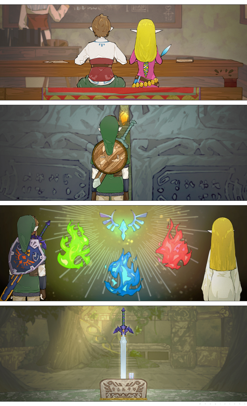 1boy 1girl absurdres blonde_hair brown_gloves brown_hair commentary dress english_commentary fingerless_gloves from_behind gloves green_hat green_tunic hat highres hylian_shield link long_hair master_sword nintendo nogiasobo pink_dress pointy_ears princess_zelda shield shield_on_back shirt short_hair sitting sword the_legend_of_zelda the_legend_of_zelda:_skyward_sword tunic weapon white_dress white_shirt
