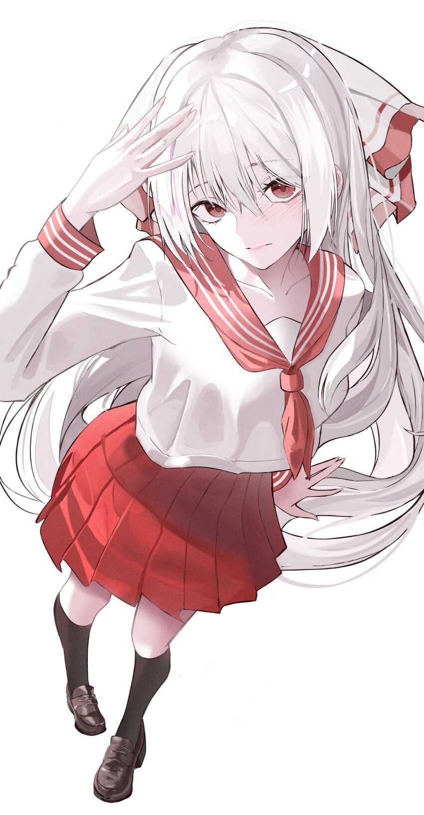 1girl \||/ absurdres alternate_costume ascot black_socks bow collarbone dorong_0w0 ears_visible_through_hair fujiwara_no_mokou hair_between_eyes hair_bow hand_to_head highres kneehighs long_bangs long_hair looking_at_viewer miniskirt pleated_skirt red_ascot red_eyes red_skirt ribbon school_uniform serafuku shirt sidelocks skirt socks solo touhou very_long_hair white_hair white_shirt