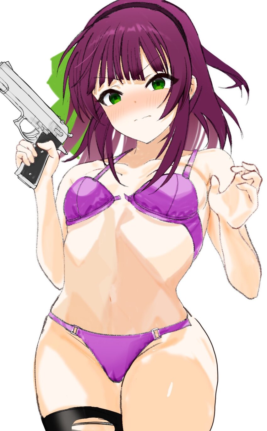 1girl angel_beats! bare_arms bare_shoulders black_hairband black_thighhighs blunt_bangs blush bow bra breasts cameltoe closed_mouth commentary_request cowboy_shot embarrassed floating_hair green_bow green_eyes gun hair_bow hairband handgun hands_up highres holding holding_gun holding_weapon looking_at_viewer medium_breasts medium_hair nakamura_yuri navel nose_blush open_bra panties purple_bra purple_hair purple_panties simple_background single_thighhigh skirt solo split_mouth stomach thighhighs torn_clothes torn_thighhighs underwear underwear_only v-shaped_eyebrows w_arms wavy_mouth weapon white_background zenoo