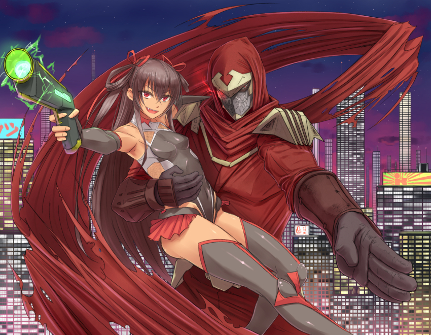 10s 1boy 1girl bad_id bad_pixiv_id bare_shoulders elbow_gloves fang fujikido_kenji gloves gun hair_ribbon handgun highres leotard lifting_person long_hair looking_at_viewer mask mizuki_yukikaze mob3 mouth_mask ninja ninja_slayer pistol red_eyes ribbon scarf smile taimanin_(series) taimanin_yukikaze tan thighhighs two_side_up weapon