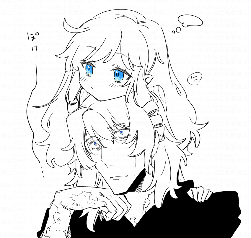 1boy 1girl blue_eyes blush closed_mouth curse_maker curse_maker_1 doctor_magus doctor_magus_4 etrian_odyssey hair_between_eyes hand_up highres long_hair monochrome nikki_kyousuke ringlets shirt simple_background spot_color translation_request white_background