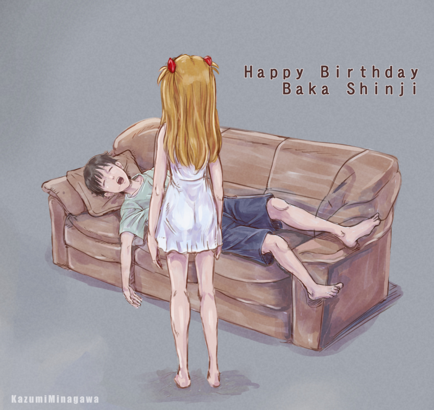 1boy 1girl artist_name barefoot blue_shorts brown_hair character_name closed_eyes couch drooling english_text from_behind full_body grey_background happy_birthday highres ikari_shinji interface_headset_(evangelion) kazumina long_hair looking_at_another neon_genesis_evangelion romaji_text shirt shorts simple_background sleeping souryuu_asuka_langley t-shirt translated two_side_up
