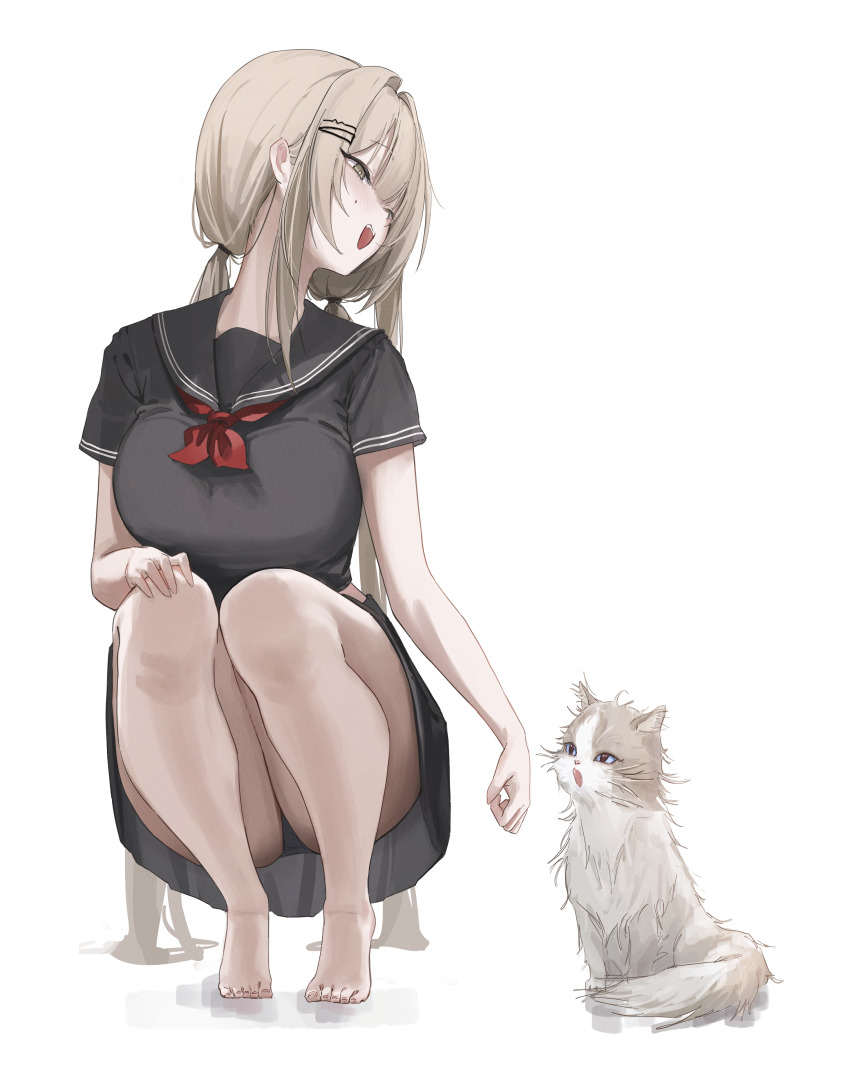 1girl absurdres animal barefoot black_sailor_collar black_serafuku black_shirt black_skirt blush cat commentary grey_eyes grey_hair grey_panties highres laneigu long_hair neckerchief open_mouth original panties panty_peek red_neckerchief sailor_collar school_uniform serafuku shirt simple_background skirt solo squatting twintails underwear white_background yuzu_(laneigu)