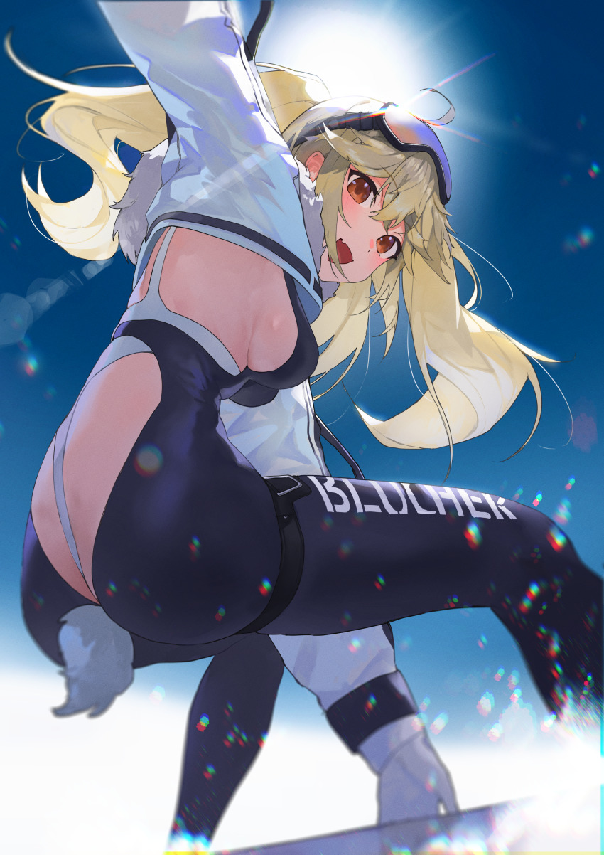 024th 1girl absurdres action ahoge ass ass_cutout azur_lane back_cutout between_buttocks blonde_hair bluecher_(azur_lane) bluecher_(high-altitude_head_over_heels)_(azur_lane) bodysuit breasts clothing_cutout crop_top crop_top_overhang cropped_jacket fake_tail fang from_side goggles goggles_on_head highres large_breasts lens_flare looking_at_viewer official_alternate_costume outdoors rabbit_tail red_eyes shrug_(clothing) sideboob snow snowboard snowboarding solo tail text_print twintails
