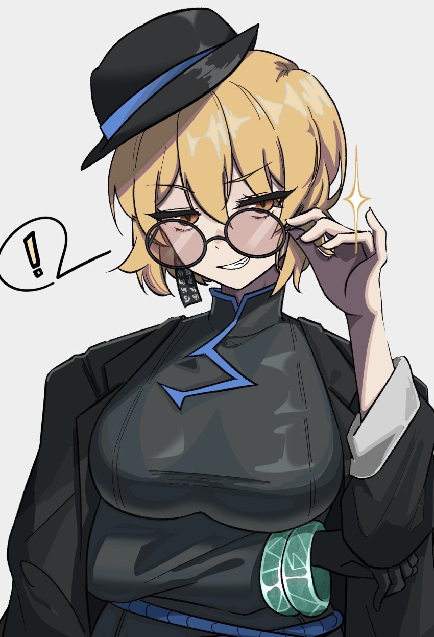 ! 1girl absurdres adjusting_eyewear arm_under_breasts black_coat black_dress black_gloves black_hat blonde_hair bracelet breasts china_dress chinese_clothes coat coat_on_shoulders commentary don_quixote_(project_moon) dress earrings cinq_east_(identity)_(project_moon) english_commentary gloves grin hat highres jewelry k_i_r_i_p_o large_breasts limbus_company long_sleeves open_mouth partially_opaque_sunglasses project_moon round_eyewear short_hair simple_background single_earring single_glove smile solo sparkle spoken_exclamation_mark sunglasses teeth tilted_headwear tilted_headwear white_background yellow_eyes
