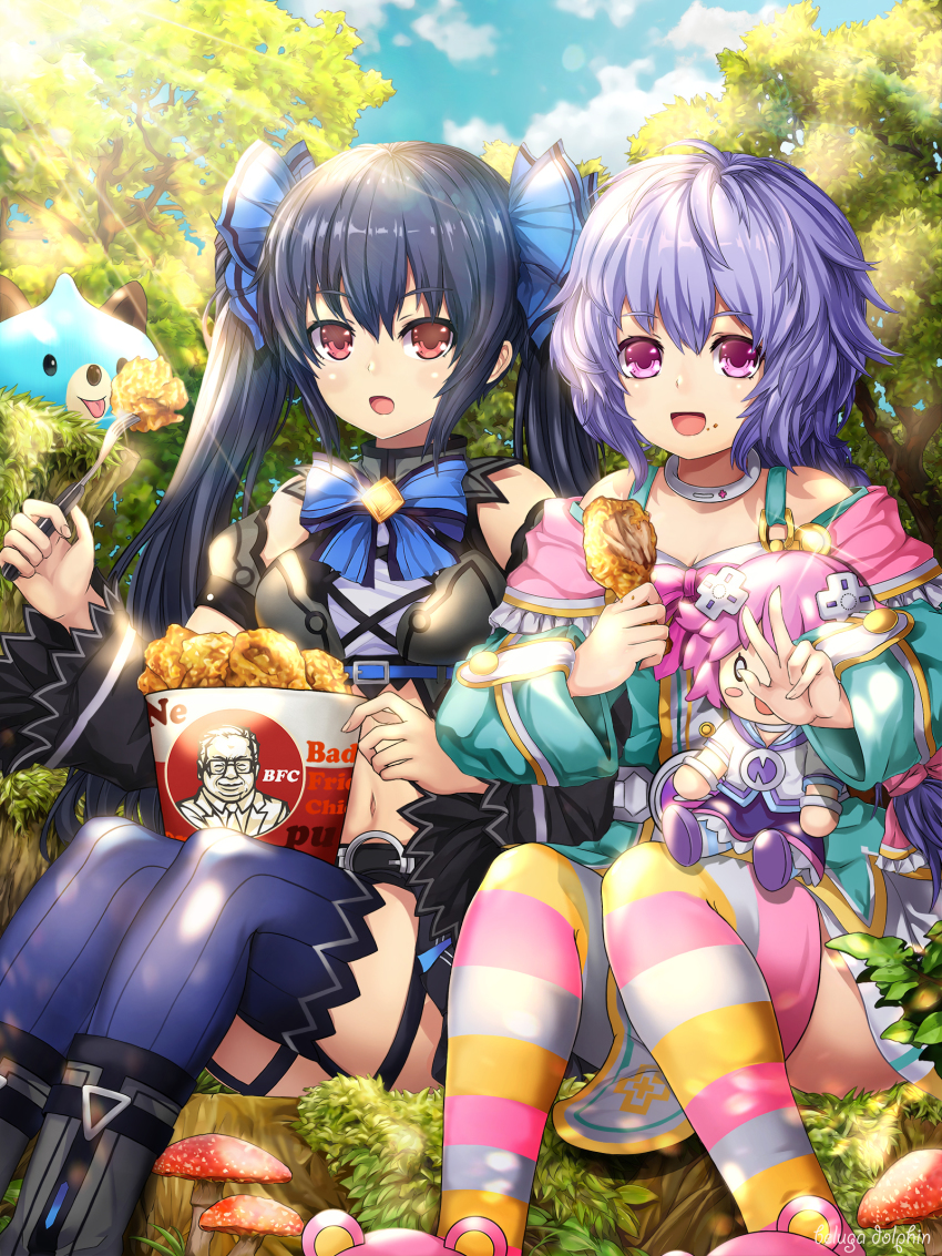 0_0 10s 2girls :d akudaijin artist_name bad_id bad_pixiv_id bare_shoulders beluga_dolphin black_hair blush blush_stickers braid brand_name_imitation breasts character_doll chicken_(food) choker cleavage cloud day dogoo eating food food_on_face fork fried_chicken hair_ornament highres holding holding_fork kfc long_hair looking_at_viewer md5_mismatch medium_breasts multiple_girls mushroom neptune_(neptunia) neptune_(series) noire_(neptunia) open_mouth outdoors purple_hair pururut red_eyes ribbon sitting small_breasts smile stuffed_toy sunlight tongue tongue_out tree tree_stump twintails very_long_hair w
