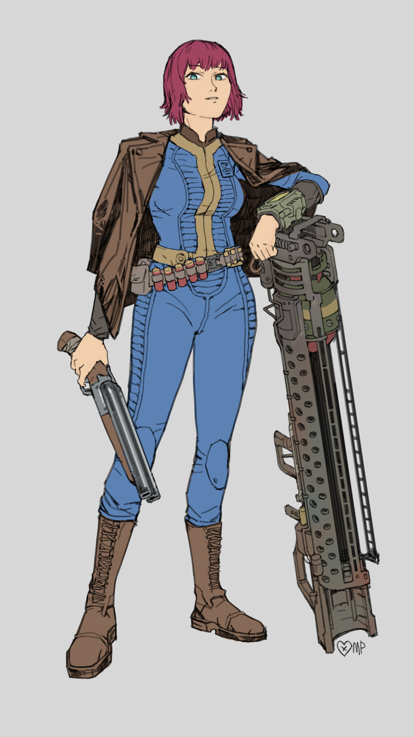 1girl absurdres ammunition_belt blue_bodysuit bodysuit boots fallout fallout_4 fat fat_man green_eyes gun highres jacket leather leather_jacket metal_pie nuclear_weapon pip_boy pouch red_hair sawed-off_shotgun short_hair shotgun shotgun_shell simple_background solo weapon wrist_computer