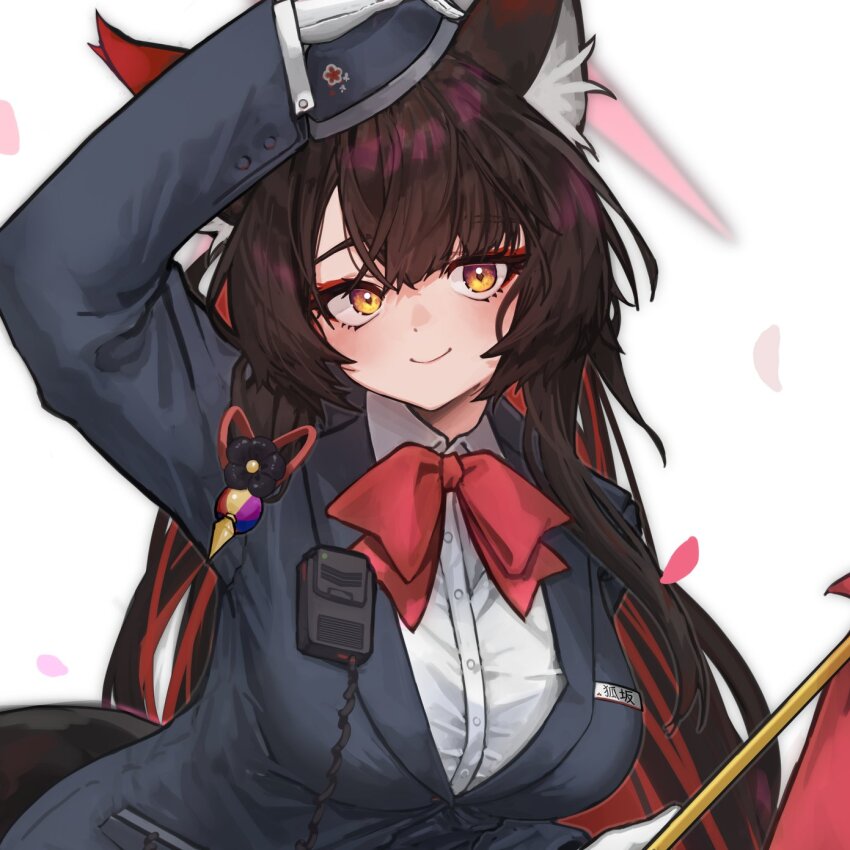 1girl animal_ear_fluff animal_ears black_hair blue_archive close-up eyeliner falling_petals halo high_heels highres jacket long_hair makeup miniskirt multicolored_hair orange_eyes petals radio red_eyeliner red_hair red_ribbon ribbon shirt signal_flag skirt smile solo suit_jacket tail tail_ornament tsubaki_(blue_archive) tsubaki_(guide)_(blue_archive) two-tone_hair wakamo_(blue_archive) white_background white_shirt wolf_ears wolf_tail yacchi_(yxxrem)