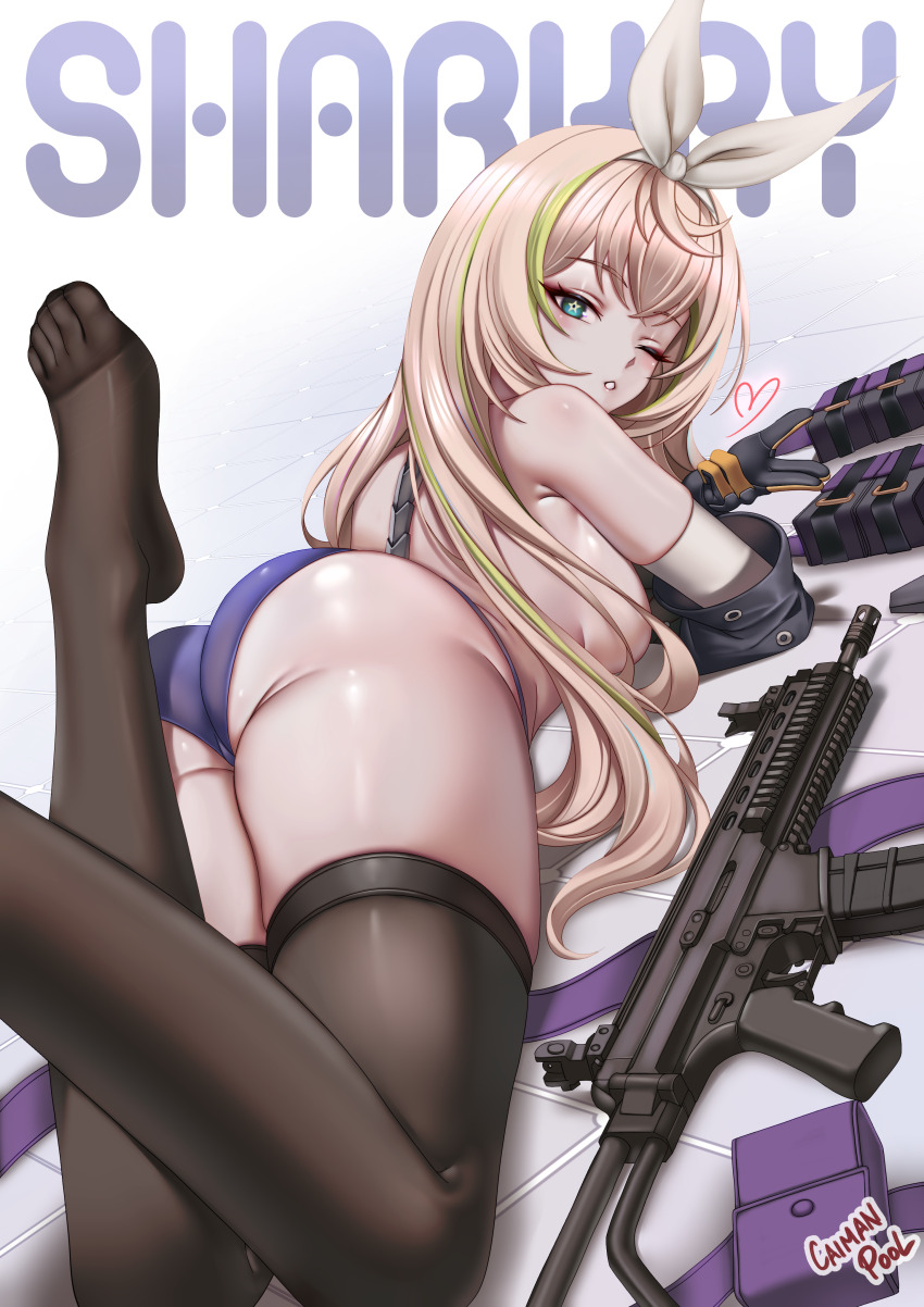 1girl absurdres aqua_eyes artist_name ass assault_rifle black_thighhighs blonde_hair blowing_kiss bow_hairband breasts caiman_pool character_name commentary english_commentary feet girls&#039;_frontline girls&#039;_frontline_2:_exilium green_hair gun hairband highres legs_up long_hair looking_at_viewer looking_back lying multicolored_hair no_bra no_shoes on_floor on_stomach one_eye_closed panties parted_lips pouch purple_panties rifle robinson_armaments_xcr sharkry_(girls&#039;_frontline_2) simple_background solo star-shaped_pupils star_(symbol) streaked_hair symbol-shaped_pupils thighhighs toes two-tone_hair underwear weapon white_hairband