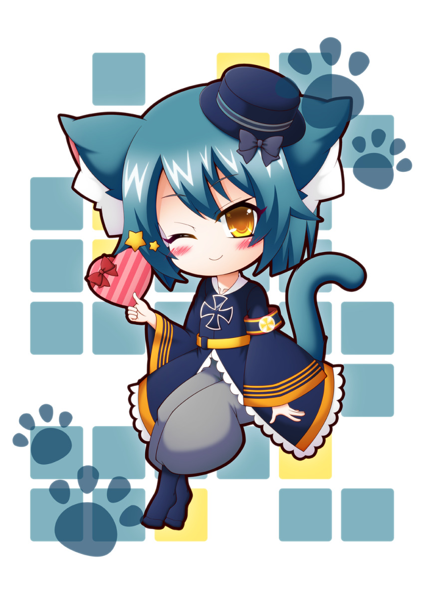 1girl animal_ears animal_print azur_lane black_dress blue_hair box cat_ears cat_girl cat_print cross dress gift gift_box hat heart-shaped_box highres holding holding_box iron_cross kappei looking_at_viewer meowfficer_(azur_lane) mini_hat one_eye_closed simple_background solo steel_(azur_lane) wide_sleeves yellow_eyes
