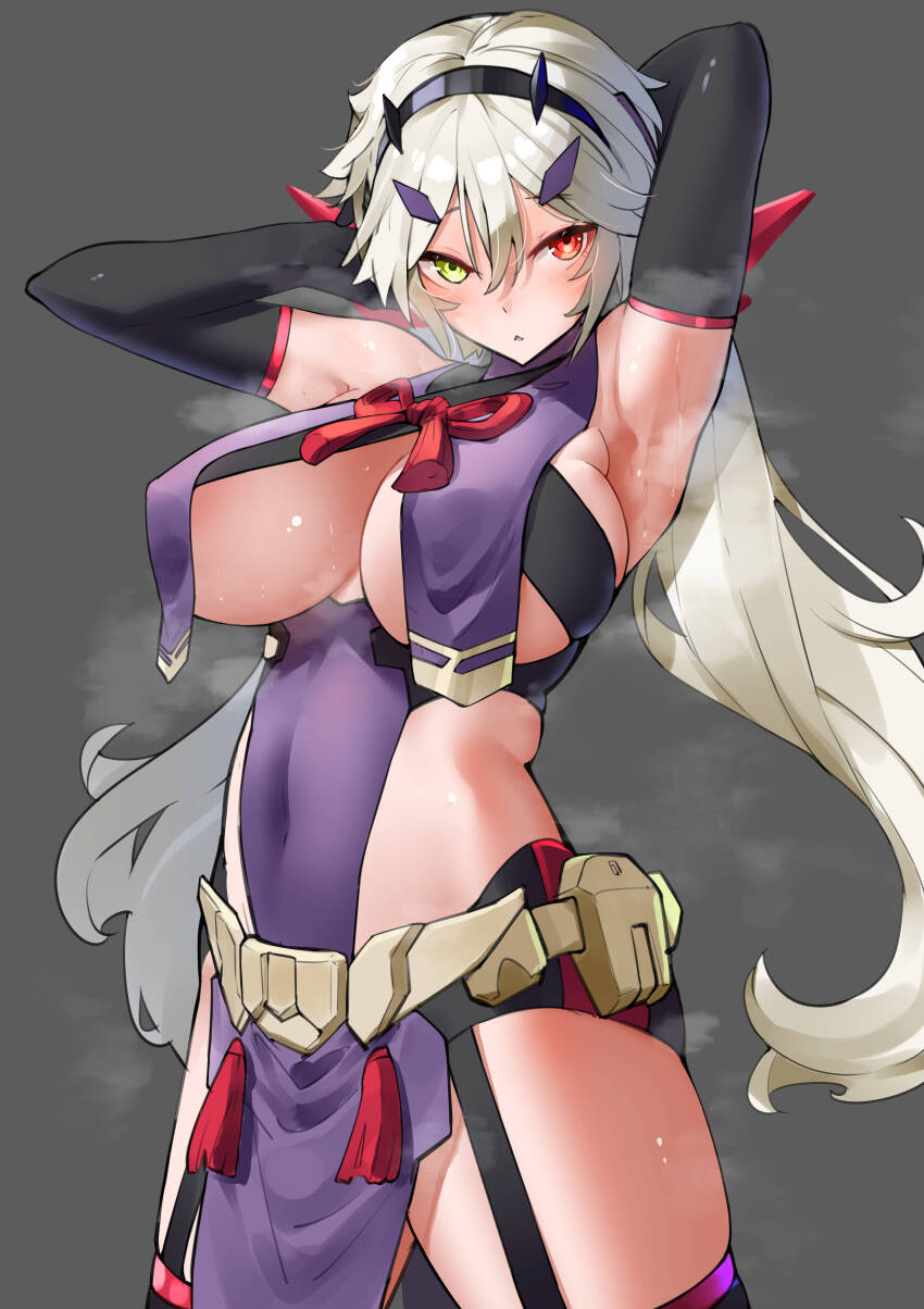 1girl absurdres armpits arms_behind_head arms_up auv_susanowo belt black_gloves blush breasts covered_navel cowboy_shot elbow_gloves gloves green_eyes grey_background hair_between_eyes hair_ornament hairband heterochromia highres horns large_breasts long_hair looking_at_viewer megami_device parted_lips pelvic_curtain pouch red_eyes revealing_clothes ringobatake simple_background solo steam steaming_body sweat thighhighs thighs twintails underboob variant_set very_long_hair white_hair