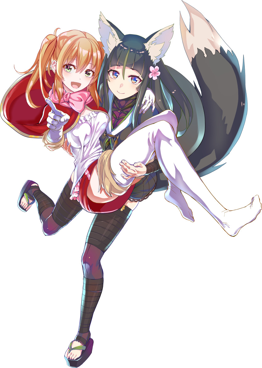 2girls absurdres animal_ears black_hair blonde_hair blunt_bangs cape carrying closed_mouth dress flower fox_ears fox_girl fox_tail gloves green_eyes hair_flower hair_ornament highres kitsunegasaki_tametsugu_(tenka_hyakken) long_hair miyabi_(tenka_hyakken) multiple_girls open_mouth pink_scarf pointing red_footwear scarf standing standing_on_one_leg tail tamon_ketsuyuki tenka_hyakken twintails white_dress white_gloves