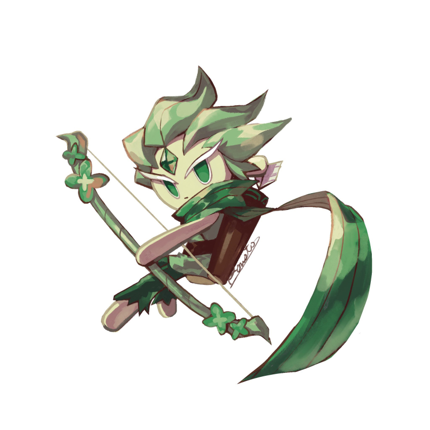 1boy bare_arms bare_shoulders barefoot bow_(weapon) brown_bag closed_mouth colored_eyelashes colored_skin commentary_request cookie_run full_body gem green_gemstone green_hair green_pants green_scarf green_shirt green_skin hair_slicked_back highres holding holding_bow_(weapon) holding_weapon looking_at_viewer male_focus no_pupils pants rn9j scarf shirt short_hair simple_background sleeveless sleeveless_shirt solo weapon white_background white_eyelashes wind_archer_cookie