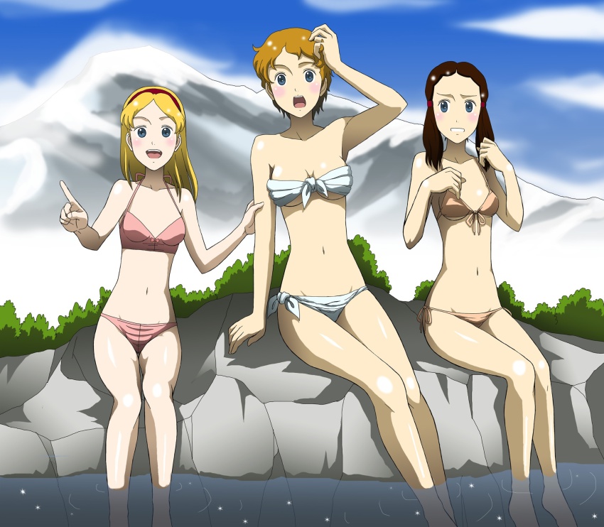 1990s_(style) 3girls bandeau bikini blonde_hair blue_eyes breasts brown_hair front-tie_top hairband halterneck halterneck hand_on_head hedwig_von_trapp_(trapp_ikka_monogatari) highres long_hair maria_kutschera_(trapp_ikka_monogatari) maria_von_trapp_(trapp_ikka_monogatari) medium_breasts multiple_girls navel open_mouth pointing short_hair side-tie_bikini_bottom sitting small_breasts soaking_feet swimsuit takaya_n trapp_ikka_monogatari twintails underboob water