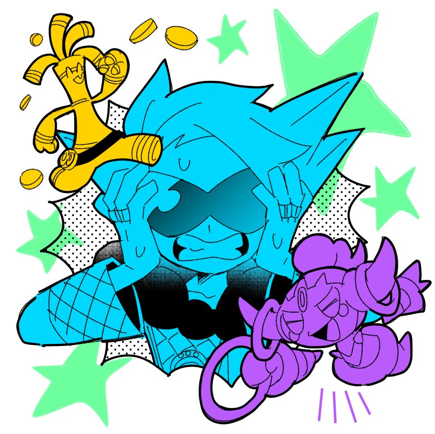 1boy absurdres gen_6_pokemon gholdengo hands_on_own_face highres hoopa hoopa_(confined) horns jewelry k_lisl lear_(pokemon) lear_(sygna_suit)_(pokemon) legendary_pokemon male_focus multiple_rings mythical_pokemon nintendo official_alternate_costume pokemon pokemon_(creature) pokemon_masters_ex ring smile star_(symbol) sweat teeth