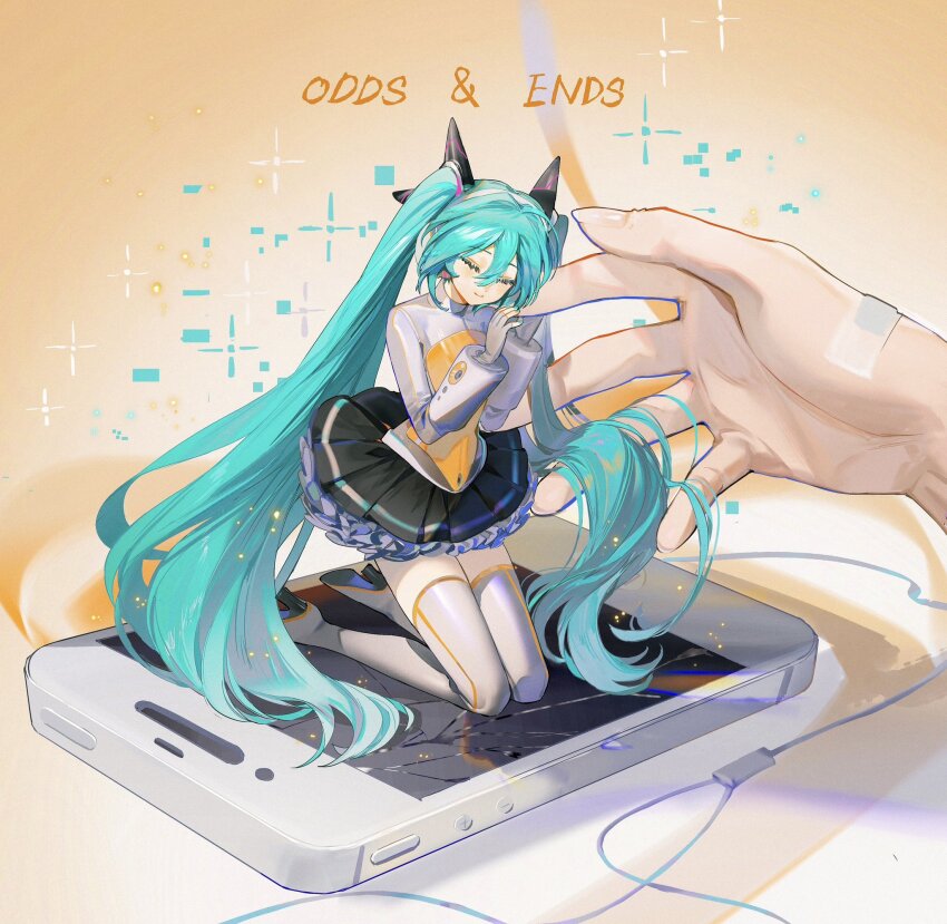 1girl 1other aqua_hair aqua_nails bandaid bandaid_on_hand black_skirt boots broken_screen cellphone circle_skirt closed_eyes closed_mouth collared_shirt commentary_request earbuds earphones fingerless_gloves full_body gloves grey_gloves hair_between_eyes hatsune_miku hatsune_miku_(heartbeat) headphones highres iphone kneeling light_smile long_hair long_sleeves mini_person minigirl miniskirt odds_&amp;_ends_(vocaloid) petticoat phone pleated_skirt project_diva_(series) puffy_long_sleeves puffy_sleeves rumoon shirt shoe_soles sidelocks skirt smartphone solo_focus song_name sparkle thigh_boots twintails very_long_hair vocaloid