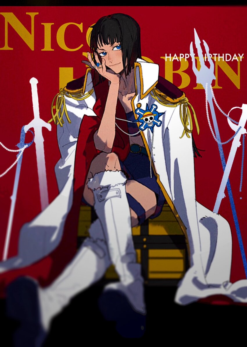 1girl alternate_costume black_hair blue_eyes blunt_bangs boots coat coat_on_shoulders crop_top crossed_legs happy_birthday head_rest highres jewelry jolly_roger looking_at_viewer medium_hair miniskirt multiple_rings nico_robin one_piece onecata11 planted planted_sword planted_weapon red_background ring sitting skirt smile solo straw_hats_jolly_roger sword treasure_chest weapon white_boots white_coat