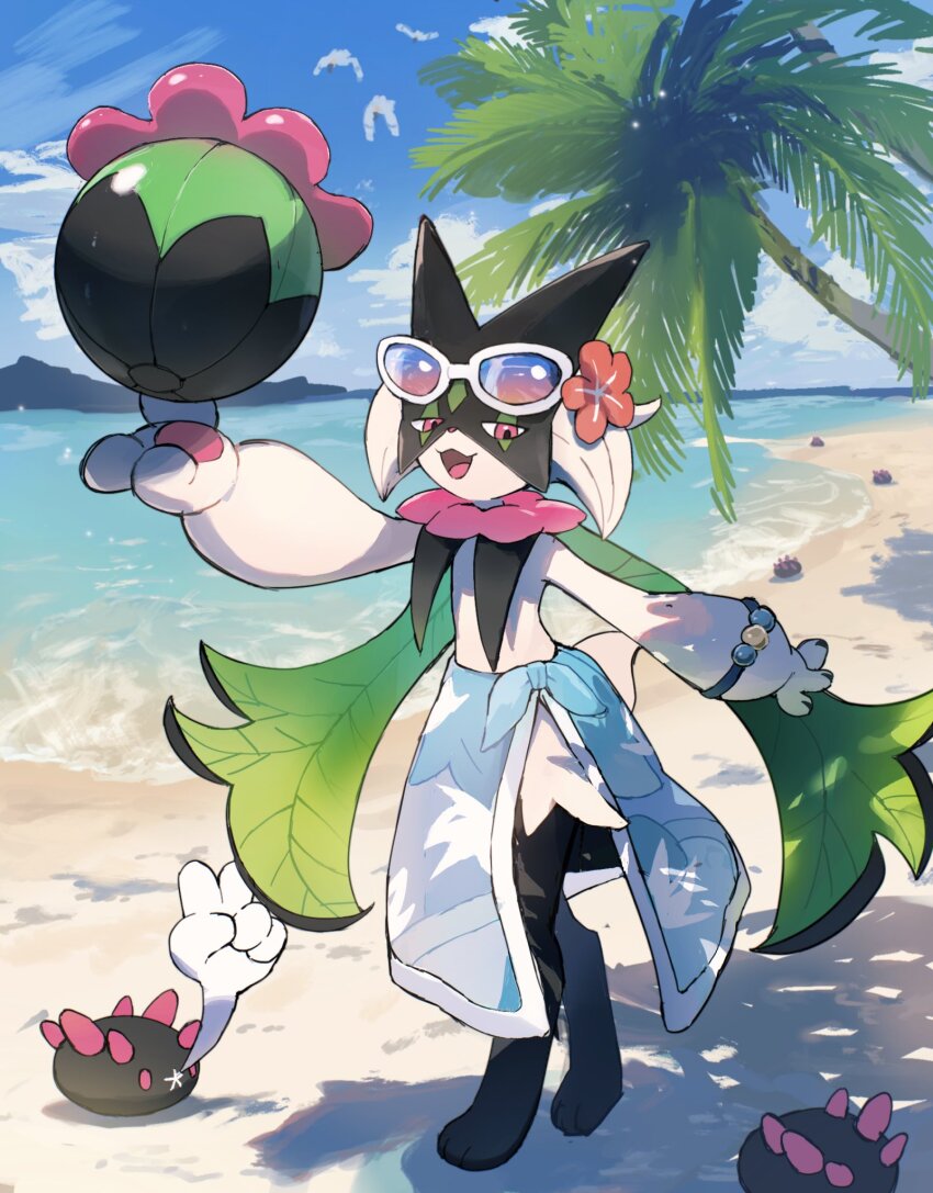 ball beach beach_towel beachball blue_sky bracelet cloud commentary_request creatures_(company) day eyewear_on_head flock flower game_freak gen_3_pokemon gen_7_pokemon hair_flower hair_ornament highres jewelry looking_at_another looking_down meowscarada moufuillust nintendo no_humans ocean open_mouth outdoors outstretched_arms palm_tree pearl_bracelet pokemon pokemon_(creature) pyukumuku sand shore sky standing sunglasses towel towel_around_waist tree tree_shade v walking wingull