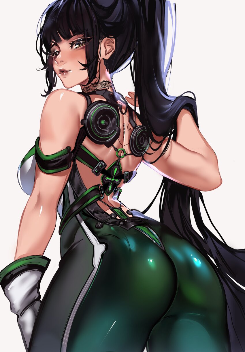 1girl absurdres ass black_hair blunt_bangs bodysuit breasts brown_eyes commentary eve_(stellar_blade) from_behind gloves green_bodysuit hair_lift highres impossible_bodysuit impossible_clothes large_breasts lips long_hair looking_at_viewer looking_back mechanical_spine multicolored_bodysuit planet_diving_suit_(7th)_(stellar_blade) ponytail silver_bodysuit simple_background skin_tight sleeveless sleeveless_bodysuit solo stellar_blade suliavtuber very_long_hair white_bodysuit white_gloves