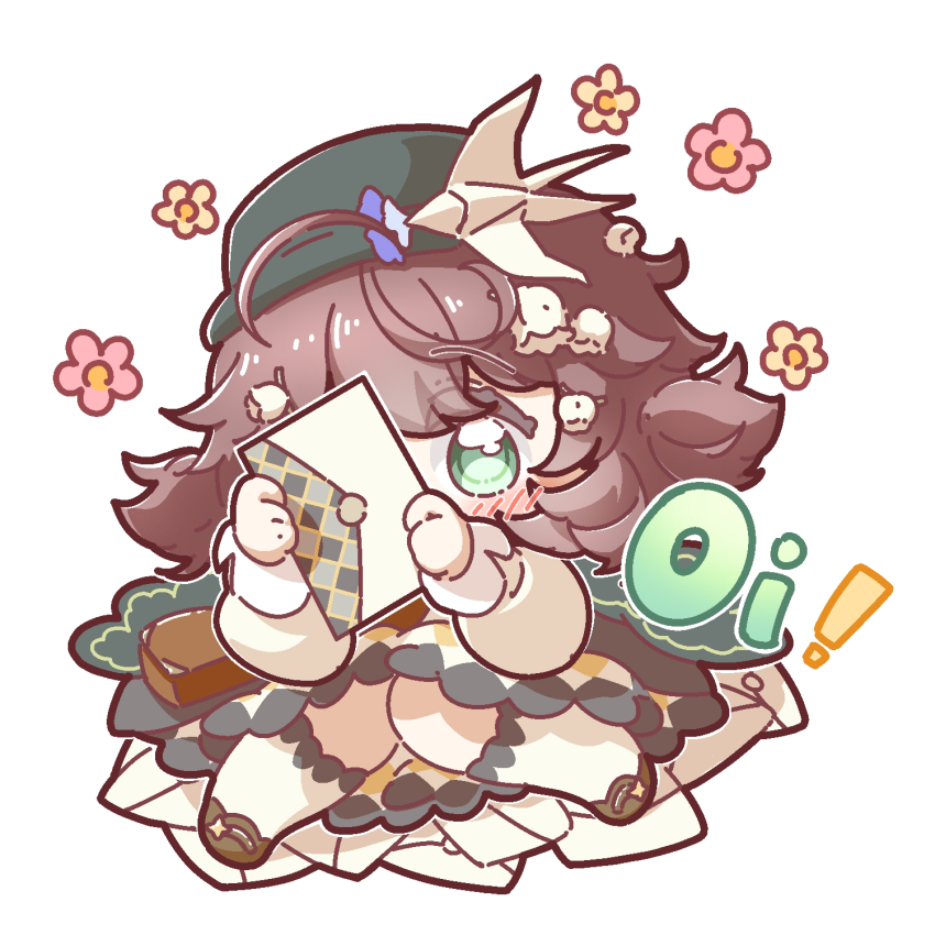 1girl ahoge aqua_eyes bird_hair_ornament black_hat brown_hair brown_shoes coat covering_one_eye dress envelope flower flutterpage full_body hair_flower hair_ornament hat highres holding holding_envelope lily_of_the_valley nijiiro_diary official_alternate_costume reverse:1999 shoes socks solo white_background white_coat white_dress white_flower white_socks yellow_flower