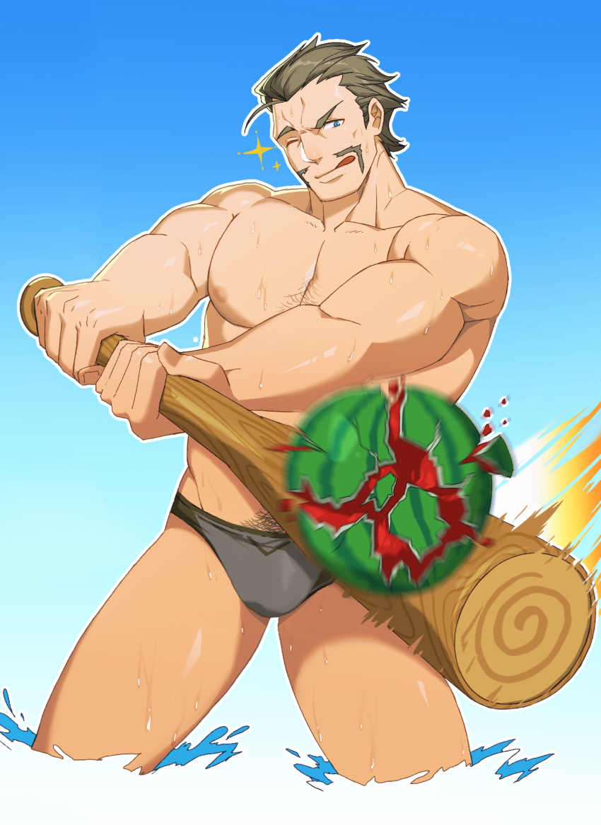 1boy alois_rangeld bara brown_hair bulge chest_hair facial_hair fire_emblem fire_emblem:_three_houses food fruit grey_male_swimwear highres holding large_pectorals male_focus male_swimwear muscular muscular_male nintendo nipples one_eye_closed pectorals short_hair solo tongue tongue_out topless_male water watermelon zhuganchangjiadan