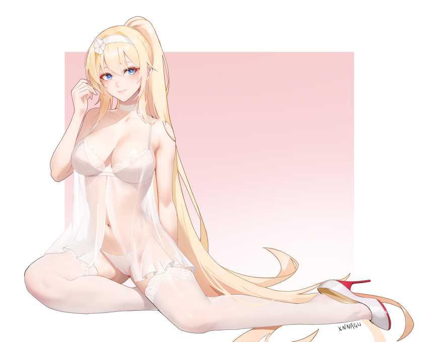 1girl absurdres artist_name babydoll blonde_hair blue_eyes breasts chinese_commentary commentary_request duke_of_york_(warship_girls_r) hairband high_heels highres lingerie long_hair looking_at_viewer medium_breasts navel panties see-through_clothes shorts sitting smile solo spaghetti_strap thighhighs underwear very_long_hair warship_girls_r white_babydoll white_hairband white_panties white_shorts white_thighhighs xnnagu yokozuwari