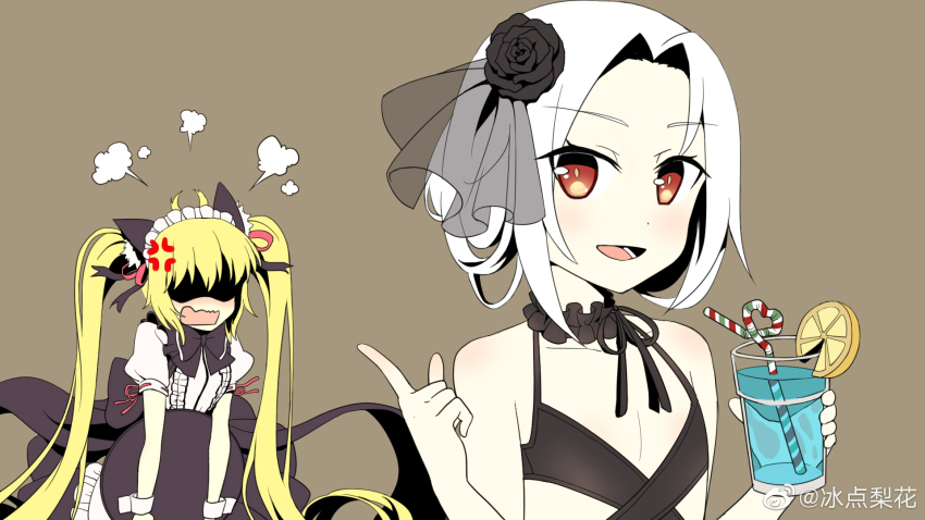 2girls :d andrea_doria_(warship_girls_r) anger_vein angry animal_ears bare_shoulders bendy_straw bingdian_lihua black_dress black_flower blonde_hair blush brown_background cat_ears cup dress drink drinking_glass drinking_straw flower food fruit gloves hair_flower hair_ornament hair_slicked_back highres holding holding_cup index_finger_raised lemon lemon_slice long_hair looking_at_viewer maid_headdress multiple_girls official_alternate_costume open_mouth parted_bangs puffy_short_sleeves puffy_sleeves red_eyes ribbon shaded_face short_hair short_sleeves simple_background smile tail twintails very_long_hair vittorio_veneto_(warship_girls_r) warship_girls_r watermark weibo_watermark white_gloves white_hair
