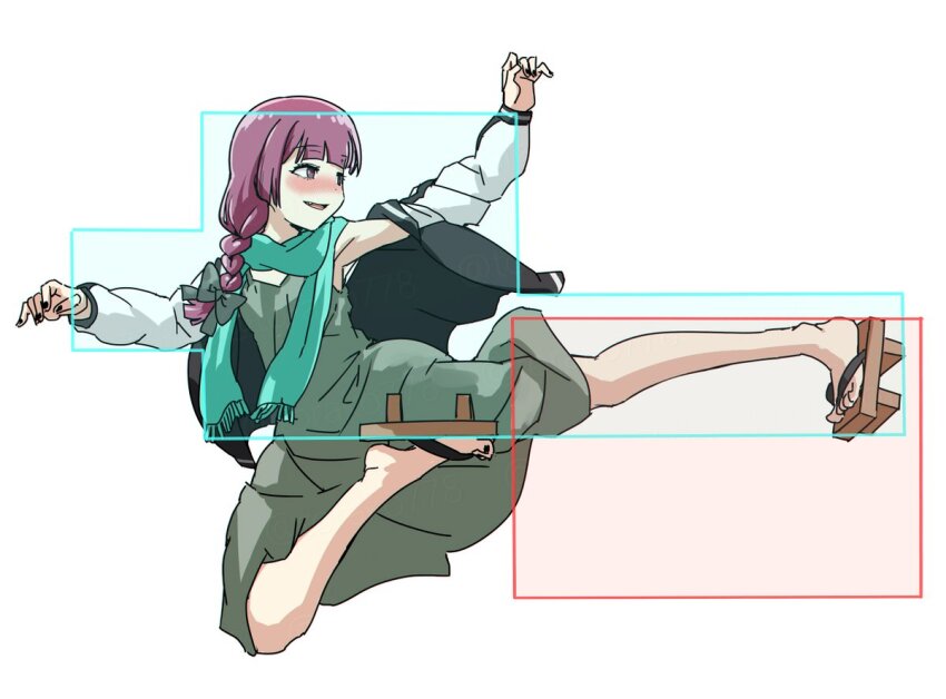 1girl aqua_scarf black_jacket black_nails blush bocchi_the_rock! bow dress fang fighting_game fingernails full_body geta green_bow green_dress hair_bow hair_over_shoulder hiroi_kikuri hitbox hokuto_no_ken hokuto_no_ken:_shinpan_no_sousousei_kengou_retsuden jacket long_hair long_sleeves low-braided_long_hair low-tied_long_hair medium_dress multicolored_jacket nail_polish nose_blush open_clothes open_jacket open_mouth pink_eyes pink_hair scarf simple_background smile solo toenail_polish toenails torako_(toramaru) twitter_username two-tone_jacket watermark white_background white_jacket yuda_(hokuto_no_ken)