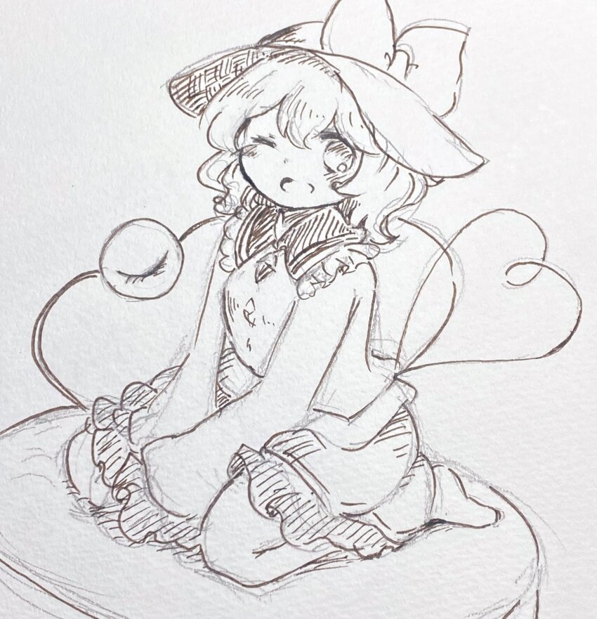 1girl blush bow buttons collared_shirt commentary_request diamond_button eyeball frilled_shirt_collar frilled_sleeves frills hat hat_bow heart heart_of_string highres komeiji_koishi long_sleeves looking_at_viewer one_eye_closed open_mouth seiza shiro_tsugumi shirt sitting smile solo third_eye touhou traditional_media wide_sleeves
