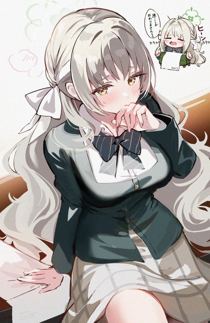 1girl blue_archive blush bow bowtie breasts chibi collared_shirt felnemo green_jacket grey_hair grey_skirt hair_bow halo highres jacket large_breasts long_hair long_sleeves looking_at_viewer miyo_(blue_archive) shirt skirt thighs translation_request white_shirt yellow_eyes