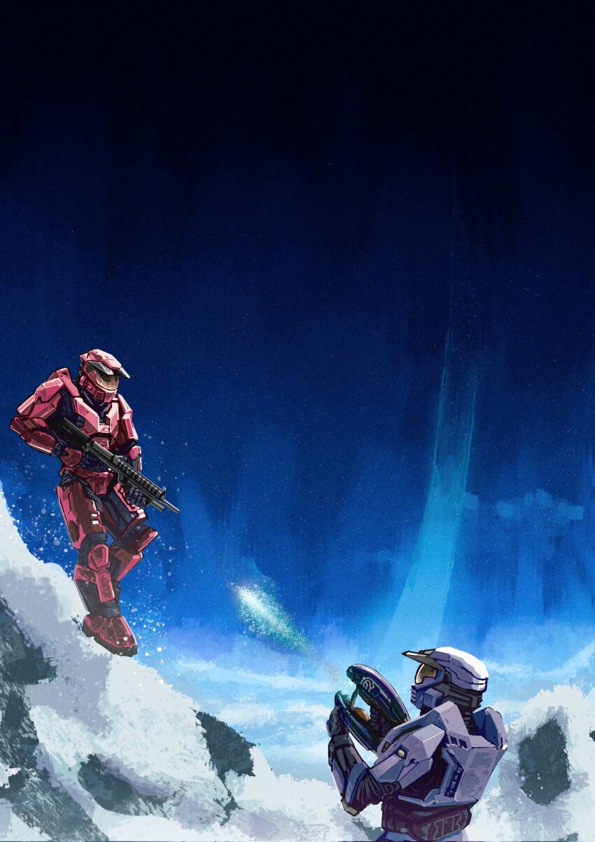 armor assault_visor black_gloves blue_helmet commentary corrupted_twitter_file energy_gun english_commentary gloves gun halo:_combat_evolved halo_(series) helmet highres holding holding_gun holding_weapon jj_rabbid plasma_rifle power_armor red_helmet shotgun spartan_(halo) weapon