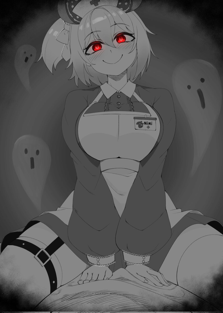 1girl animal_ears apron blush breasts clarkekitsp dress good_morning_my_brother_(meme) greyscale hands_on_another&#039;s_stomach hat highres indie_virtual_youtuber large_breasts long_sleeves medium_hair meme monochrome naplings_(nimi_nightmare) nimi_nightmare nurse_cap official_alternate_eye_color one_side_up red_eyes scene_reference smile solo spot_color straddling tapir_ears tapir_girl tokidoki_bosotto_roshia-go_de_dereru_tonari_no_alya-san virtual_youtuber white_hat
