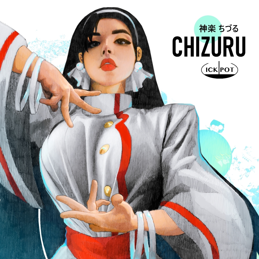 1girl black_eyes black_hair breasts chizuru_kagura dress earrings female_focus hairband hands_up ickpot jewelry kagura_chizuru large_breasts long_hair long_sleeves looking_at_viewer pale_skin the_king_of_fighters thick_lips