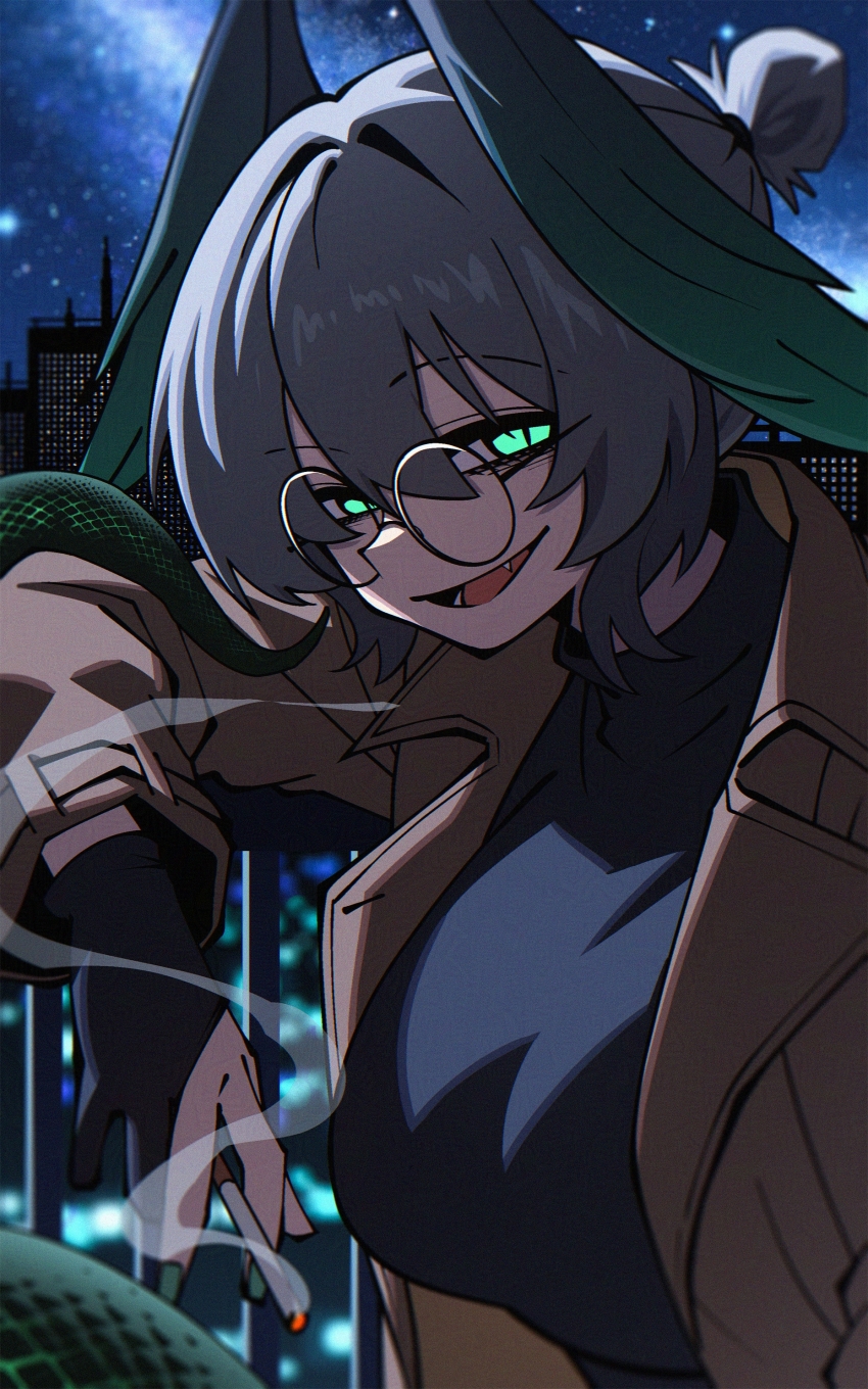 1girl absurdres alternate_costume aqua_eyes arknights black_gloves black_sweater breasts brown_jacket cigarette cosplay dryegen fang feathered_wings glasses gloves grey_hair hair_between_eyes hair_bun head_wings highres ho&#039;olheyak_(arknights) holding holding_cigarette jacket long_sleeves long_tail looking_at_viewer night night_sky open_clothes open_jacket open_mouth partially_fingerless_gloves round_eyewear short_hair sky slit_pupils smile smoking snake_tail solo star_(sky) starry_sky sweater tail uguisu_anko uguisu_anko_(cosplay) upper_body wings