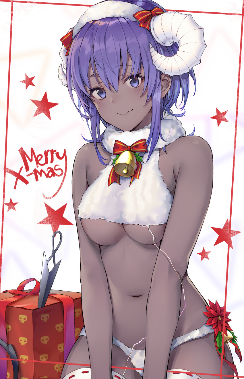 1girl absurdres bare_arms bare_shoulders bell black_cola bow box breasts christmas closed_mouth commentary_request curled_horns dark-skinned_female dark_skin fate/prototype fate/prototype:_fragments_of_blue_and_silver fate_(series) female_focus flower fur_collar gift gift_box hair_between_eyes hassan_of_serenity_(fate) hassan_of_serenity_(merry_sheep)_(fate) highres horns kunai looking_at_viewer medium_breasts merry_christmas navel purple_eyes purple_hair red_bow red_flower ribbon-trimmed_legwear ribbon_trim sheep_horns skull_print smile solo star_(symbol) striped_bow thighhighs underboob weapon white_thighhighs wool