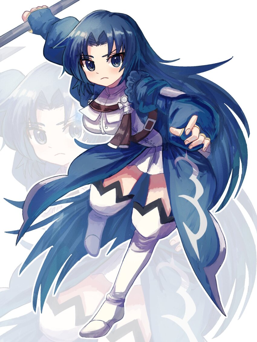 asako_komaki belt blue_coat blue_eyes blue_hair breasts coat fighting_stance full_body highres holding holding_polearm holding_weapon long_hair looking_at_viewer magical_girl mahou_shoujo_madoka_magica mahou_shoujo_madoka_magica_magia_exedra plusplushm polearm serious very_long_cape very_long_hair weapon