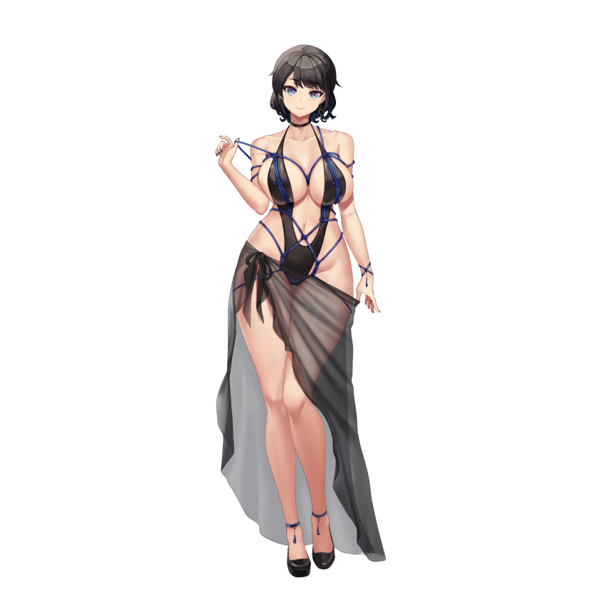 1girl anklet between_breasts black_choker black_footwear black_hair black_nails black_one-piece_swimsuit black_sarong black_slingshot_swimsuit blue_anklet blue_eyes blue_rope bracelet breasts cameltoe choker closed_mouth collarbone d-log earrings full_body highres holding holding_rope impossible_clothes impossible_swimsuit jewelry large_breasts last_origin linea_alba looking_at_viewer nail_polish navel official_alternate_costume official_art one-piece_swimsuit rope sarong sarong_hold see-through_clothes see-through_sarong shibari shibari_over_clothes short_hair simple_background single_earring slingshot_swimsuit smile solo standing swimsuit tachi-e taylor_clothcut third-party_source transparent_background wedgie