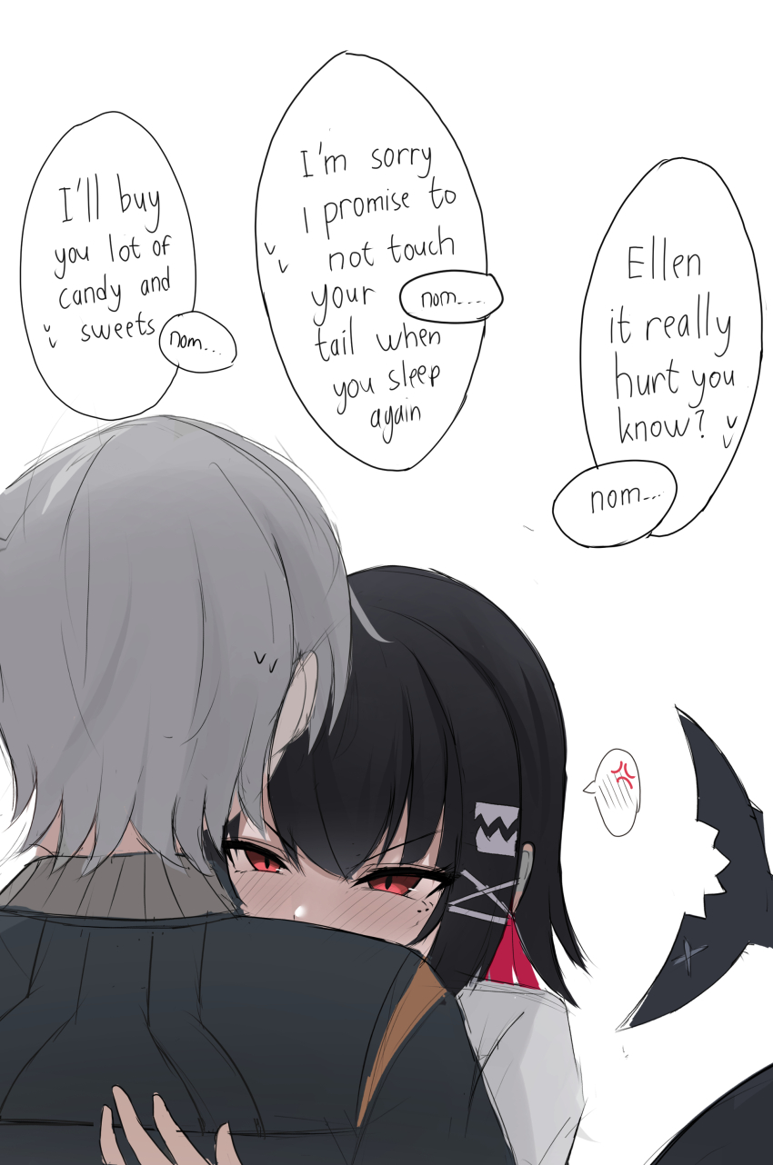1boy 1girl absurdres anger_vein black_hair blush colored_inner_hair commentary ellen_joe english_commentary english_text fins fish_tail grey_hair hair_ornament hairclip hetero highres hug jacket mole mole_under_eye multicolored_hair multiple_moles namikare red_eyes red_hair scar scar_on_tail shark_girl shark_tail short_hair sketch spoken_anger_vein spoken_blush sweat tail upper_body white_background wise_(zenless_zone_zero) zenless_zone_zero