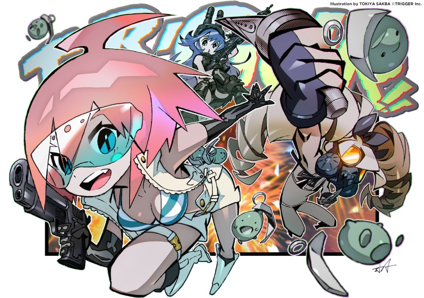 3girls ahoge bikini bikini_top_only blonde_hair blue-tinted_eyewear blue-tinted_glasses blue_hair boots chromatic_aberration cropped_jacket drill_hair elbow_gloves frag_(trigger) gas_mask gloves gun headgear knee_boots luluco mask multiple_girls muzzle_(trigger) night-vision_device official_art outside_border red_hair safety_glasses signature skeleton_print spring_(trigger) striped_bikini striped_clothes sunglasses swimsuit thighhighs tinted_eyewear tokiya trigger-chan trigger_(company) twin_drills uchuu_patrol_luluco visor watermark weapon