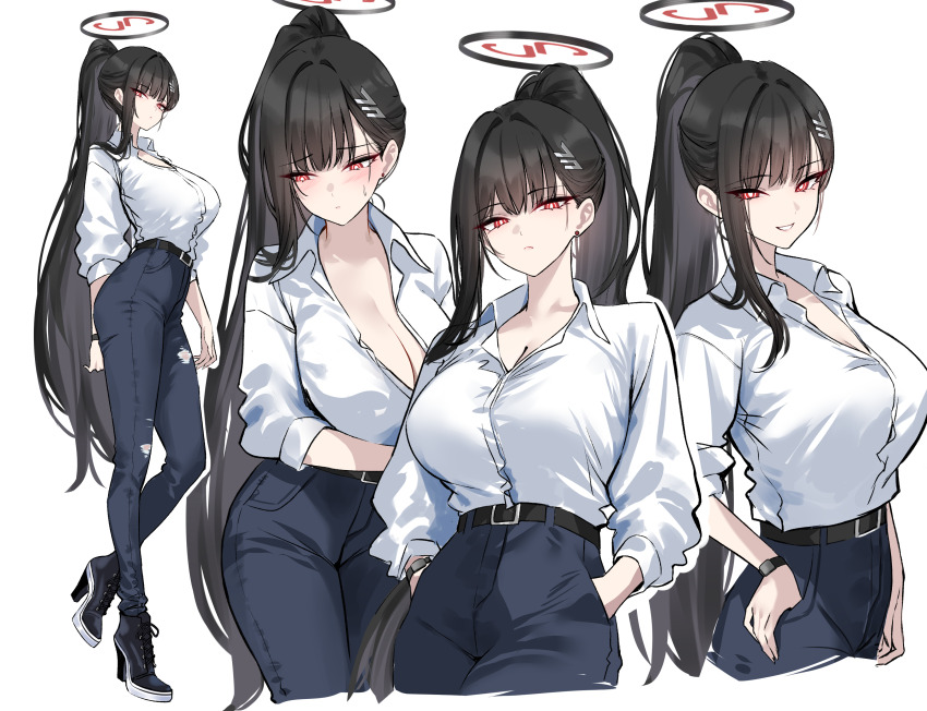 1girl absurdres alternate_costume arm_behind_back black_hair black_pants blue_archive blush breasts bright_pupils closed_mouth collared_shirt commentary full_body hair_ornament hairclip halo hands_in_pockets highres large_breasts long_hair looking_at_viewer multiple_views pants parted_lips ponytail red_eyes rio_(blue_archive) shigure_s shirt shirt_tucked_in simple_background smile torn_clothes torn_pants white_background white_pupils white_shirt