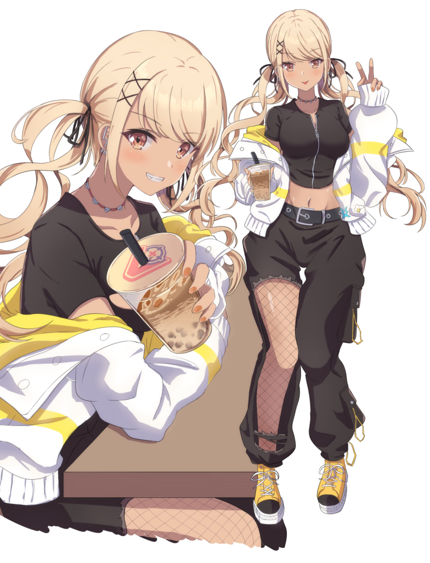 1girl :p black_pants black_shirt blush breasts brown_eyes brown_hair bubble_tea closed_mouth commentary_request crop_top cup disposable_cup drinking_straw fishnet_pantyhose fishnets grin hair_ornament hand_up highres holding holding_cup jacket kaminari_qpi kaminari_qpi_(2nd_costume) long_hair long_sleeves looking_at_viewer medium_breasts midriff multiple_views navel open_clothes open_jacket pants pantyhose pinching_sleeves puffy_long_sleeves puffy_sleeves shirt shoes short_sleeves simple_background sitting sleeves_past_wrists smile standing synn032 tongue tongue_out torn_clothes torn_pants twintails v very_long_hair virtual_youtuber vspo! white_background white_jacket x_hair_ornament yellow_shoes
