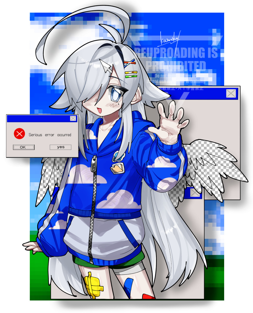 1boy absurdres ahoge angel angel_wings bandaid bandaid_on_leg bliss_(image) blue_eyes border bright_pupils cloud_print commentary_request cursor cursor_hair_ornament fake_transparency green_shorts grey_hair hair_over_one_eye highres hood hood_down hooded_jacket huge_ahoge jacket kamota_(momokomati) long_hair long_sleeves looking_at_viewer male_focus microsoft_windows mole mole_under_eye original pixelated shorts solo trap very_long_hair watermark white_border white_pupils windows_classic windows_xp wings zipper