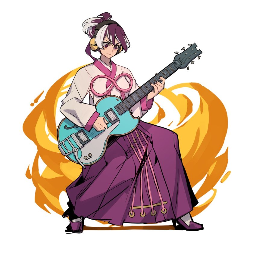 1girl :&lt; arc_system_works electric_guitar female_focus full_body guilty_gear guilty_gear_xrd guitar headphones high_heels highres instrument korean_clothes kum_haehyun multicolored_hair music playing_instrument ponytail purple_eyes purple_footwear purple_hair serious short_ponytail solo two-tone_hair uncle_rabbit_ii white_hair wireless