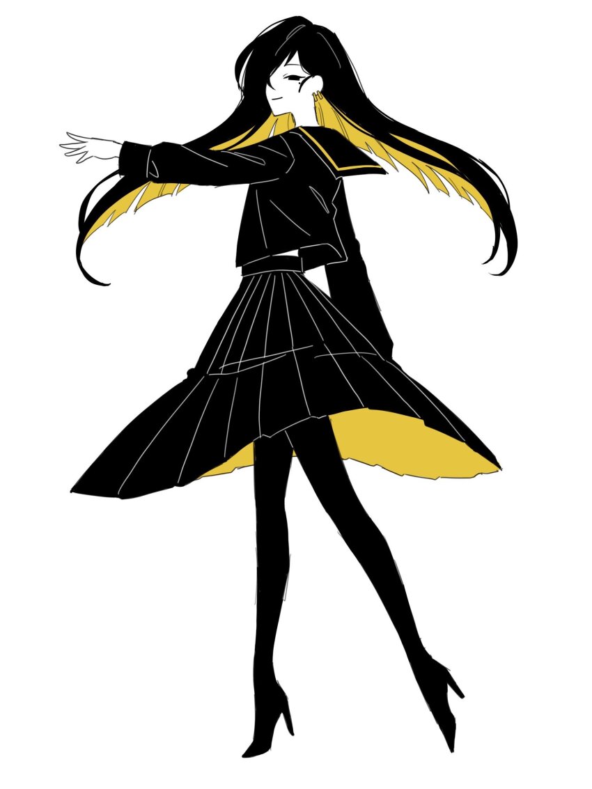 1girl binah_(project_moon) black_eyes black_footwear black_hair black_pantyhose black_sailor_collar black_serafuku black_shirt black_skirt blonde_hair high_heels highres kitaku_(ienikaeru) library_of_ruina long_hair pantyhose parted_lips project_moon sailor_collar school_uniform serafuku shirt simple_background skirt smile solo two-sided_fabric two-sided_skirt white_background