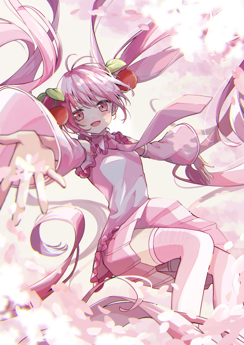 absurdres cherry cherry_blossoms cherry_hair_ornament detached_sleeves falling_petals floating food food-themed_hair_ornament fruit hair_ornament hatsune_miku highres long_hair looking_at_viewer miniskirt nagitofuu necktie offering_hand petals pink_eyes pink_hair pleated_skirt sakura_miku skirt thighhighs twintails vocaloid white_thighhighs