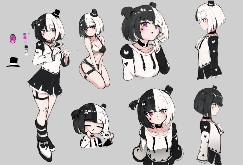 1girl :&lt; absurdres asymmetrical_footwear black_footwear black_hair black_hat black_skirt black_socks blunt_bangs blush bow closed_eyes closed_mouth color_guide commentary cup english_commentary eyelashes from_side full_body grey_background hair_bow hand_on_own_chest hand_on_own_face hat heart highres holding holding_cup ilune_kiseki_(psypolo_d) index_fingers_together long_sleeves mg mini_hat mini_top_hat mismatched_footwear multicolored_hair multiple_views open_mouth original panties pink_eyes ponytail psypolo_d shirt shoes short_hair short_ponytail side_ponytail simple_background skirt socks split-color_clothes split-color_hair standing striped_clothes striped_panties striped_socks thigh_strap top_hat two-tone_bra two-tone_panties two-tone_socks underwear upper_body white_bow white_footwear white_hair white_shirt white_socks
